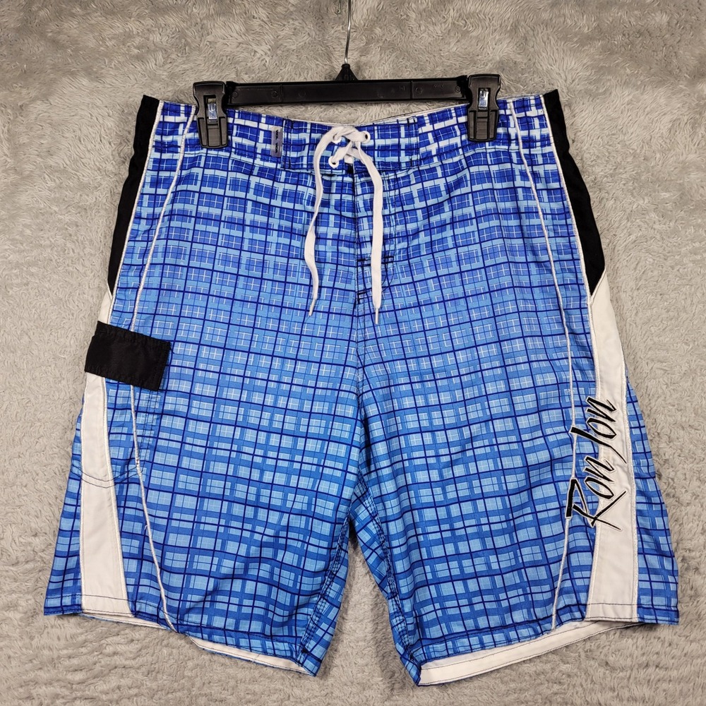 Ron Jon Surf Shop Board Shorts Mens 31 32x9 Blue Plaid Colorblock Swim Trunks *